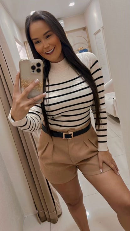 Sweater Beige Manga Larga Rayas Negras