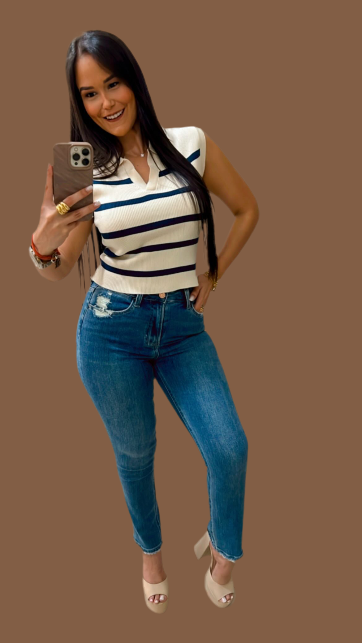 Chaleco Beige Rayas Azul Marino Tipo Polo
