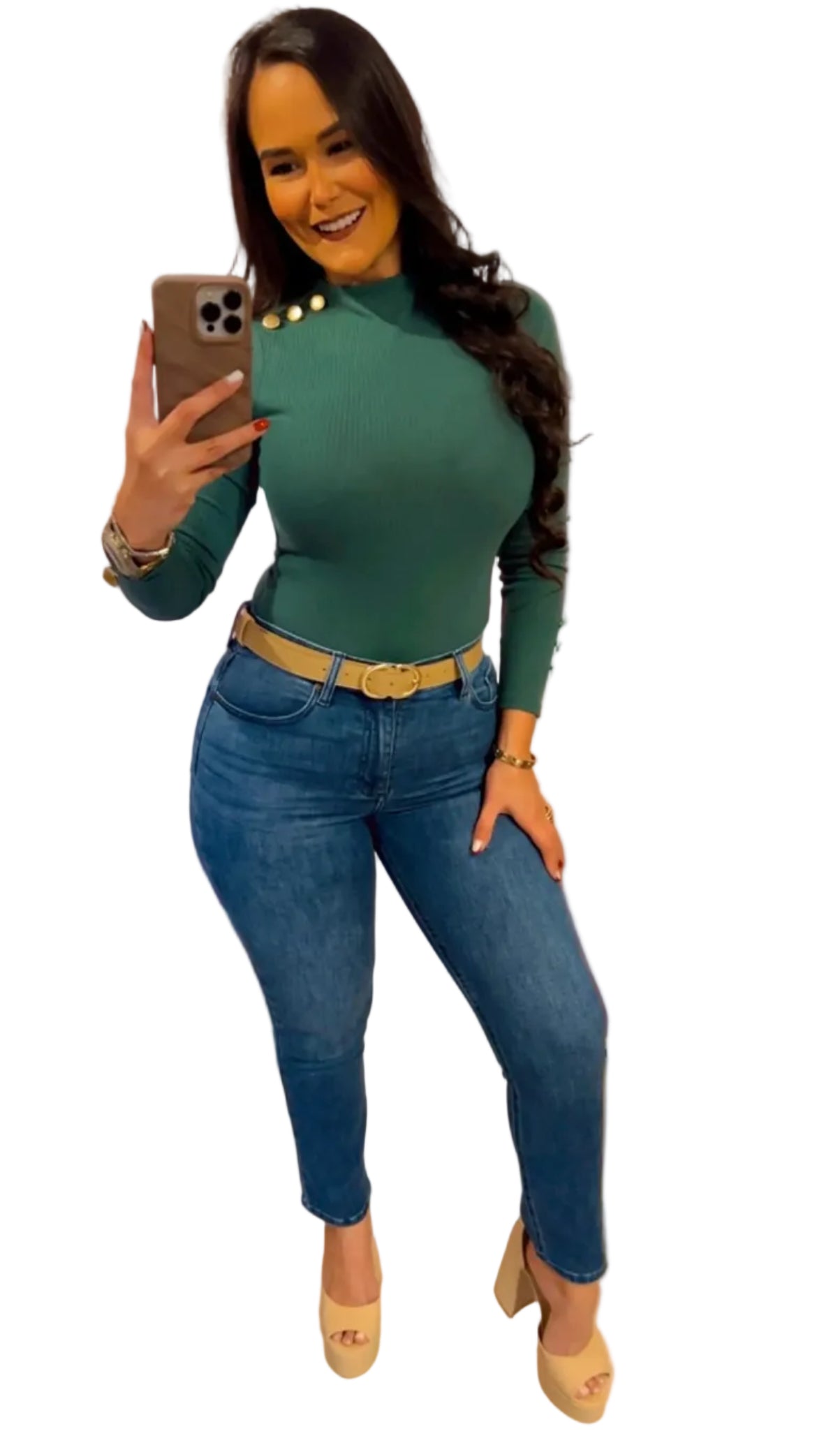 Bodysuit Verde Manga Larga Botones Dorados Hombros