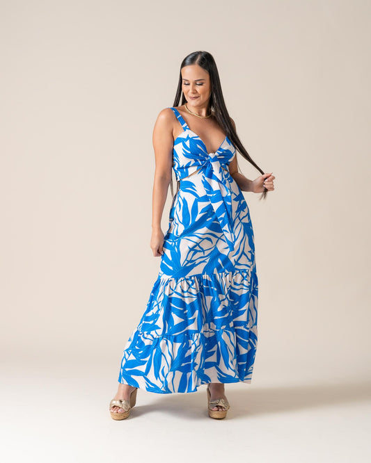 Conjunto Azul Rey Estampado Blanco Hueso Falda