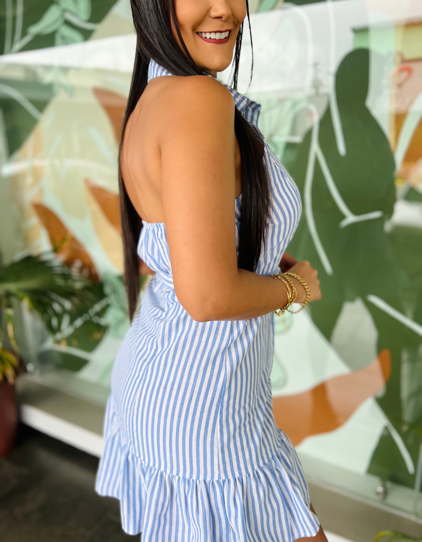 Vestido Blanco Rayas Celestes