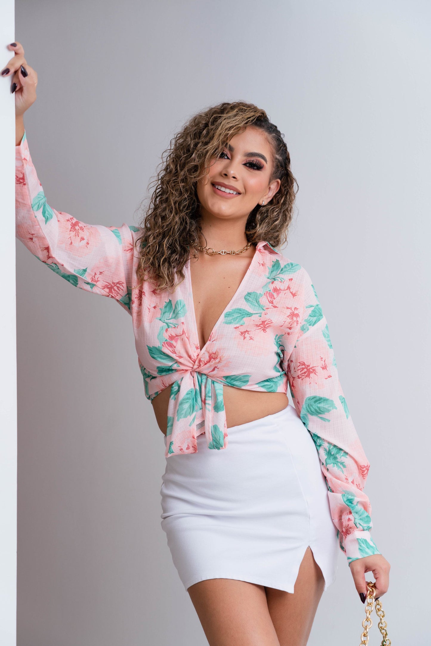 Blusa Rosa Floreada Manga Larga