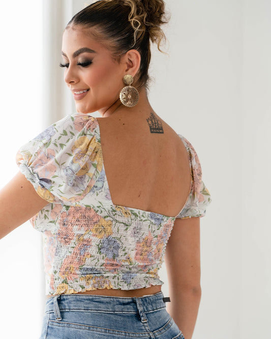 Blusa Blanca Floreada Manga Corta