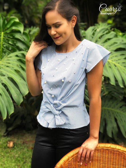 Blusa Celeste Rayas Manga Corta Perlas