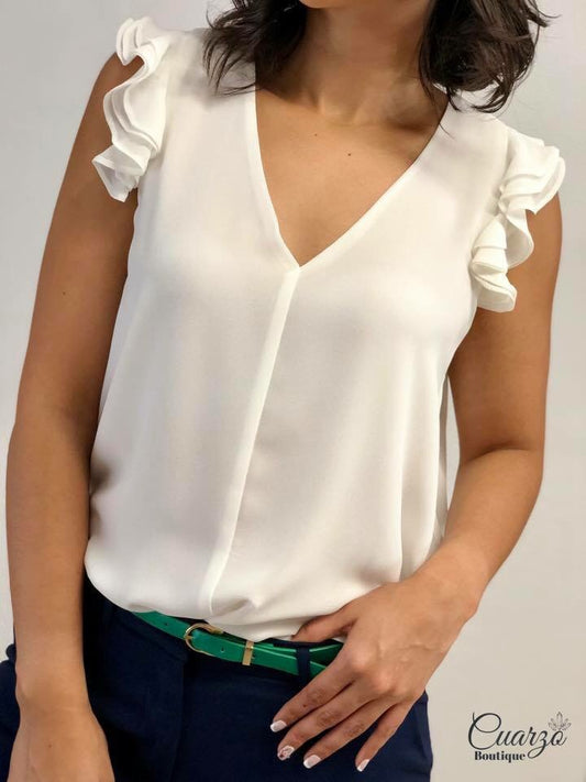Blusa Blanca Cuello V Vuelos