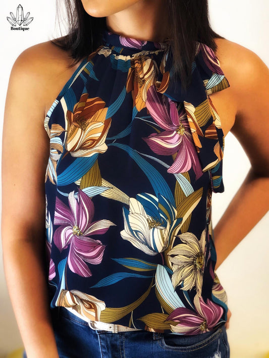 Blusa Azul Estampada Lazo Cuello