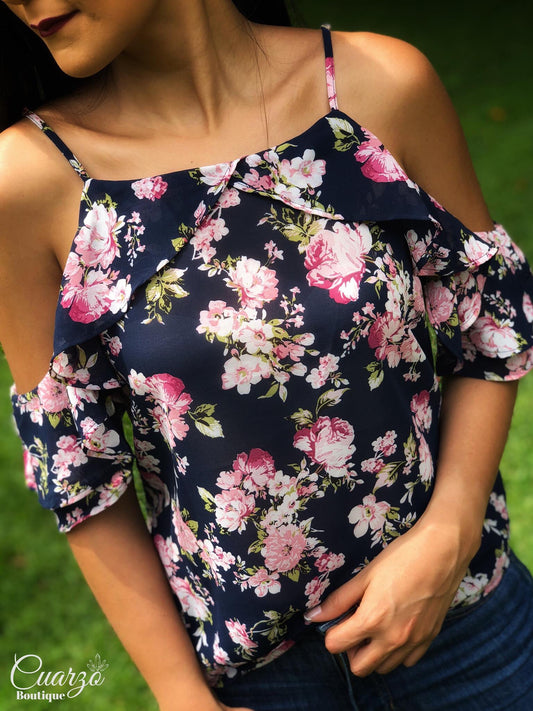 Blusa Azul Tirantes Floreada
