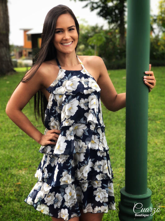 Vestido Azul Corto Floreado