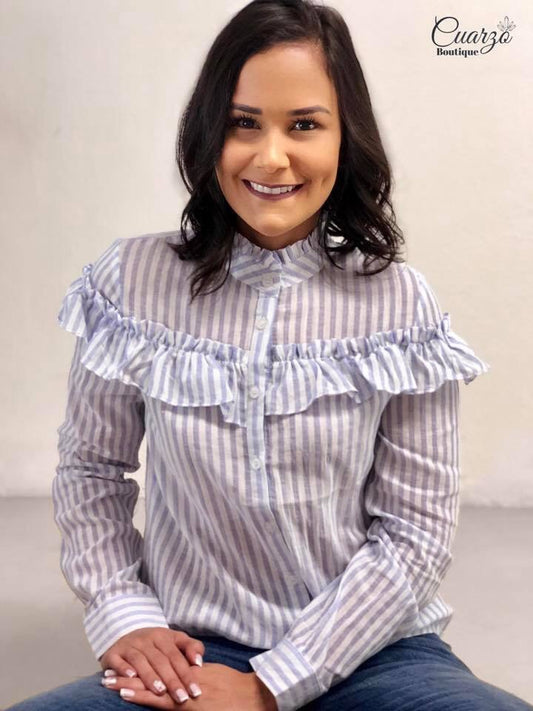 Blusa Blanca Manga Larga Rayas Celestes