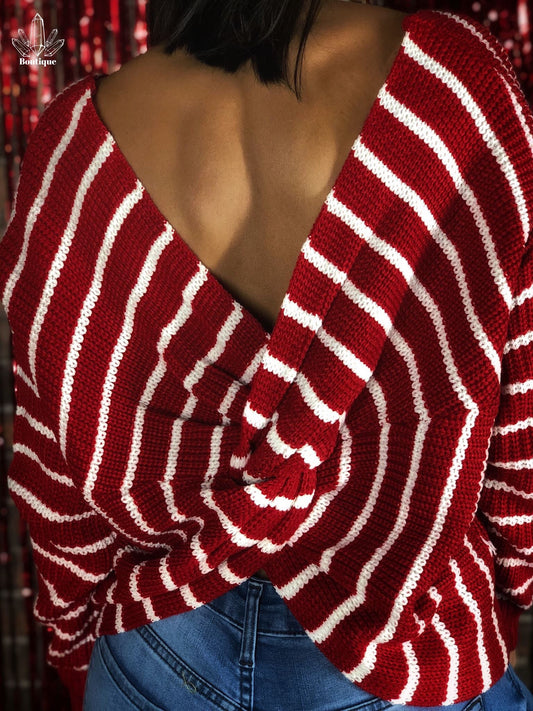 Sweater Rojo Rayas Blancas Dobles