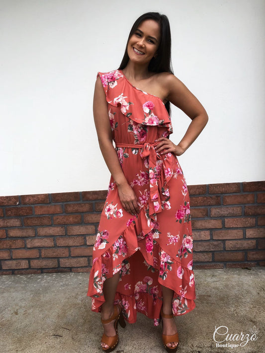 Vestido Salmon One Shoulder Floreado