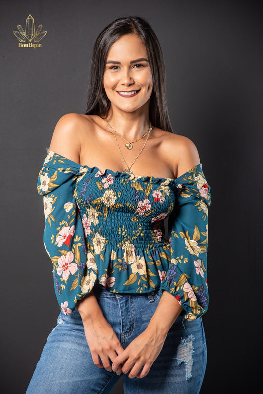 Crop Top Verde Oscuro Floreado