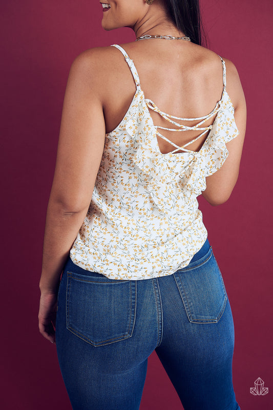Blusa Beige Flores Amarillas Cruzada Espalda
