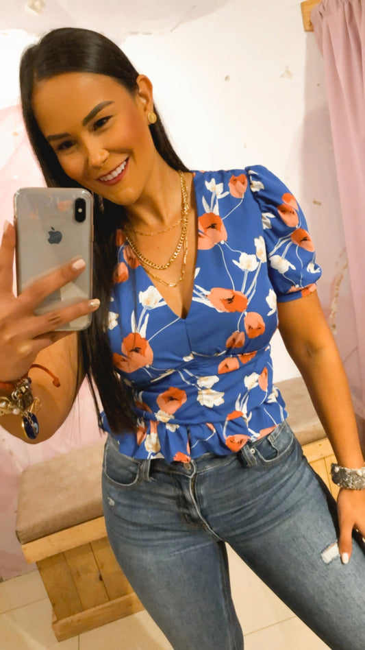 Blusa Celeste Flores Mangas Bombachas