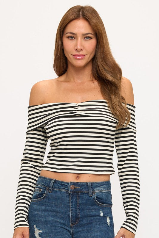 Blusa Rayas Manga Larga Hombros Descubiertos