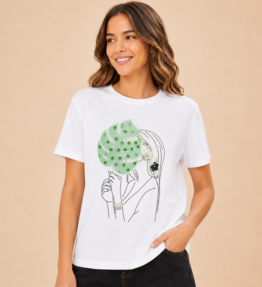 T-Shirt Blanca Manga Corta Figura Hoja