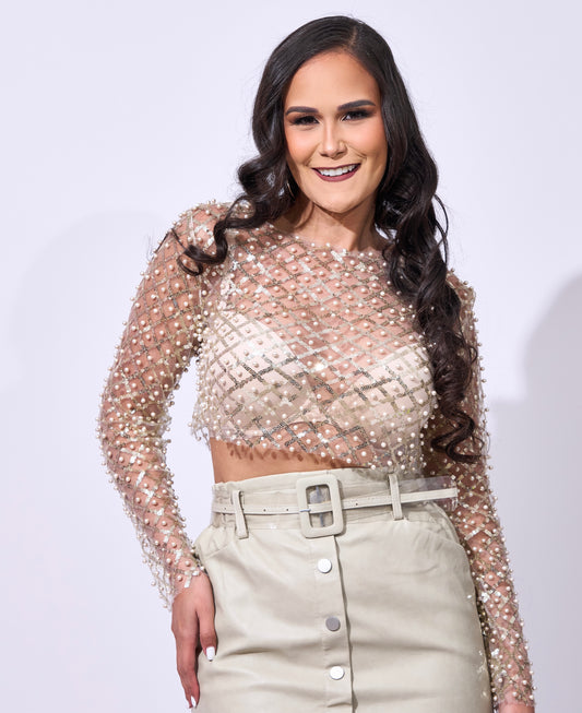 Crop Top Transparencia Detalles en Perlas Manga Larga