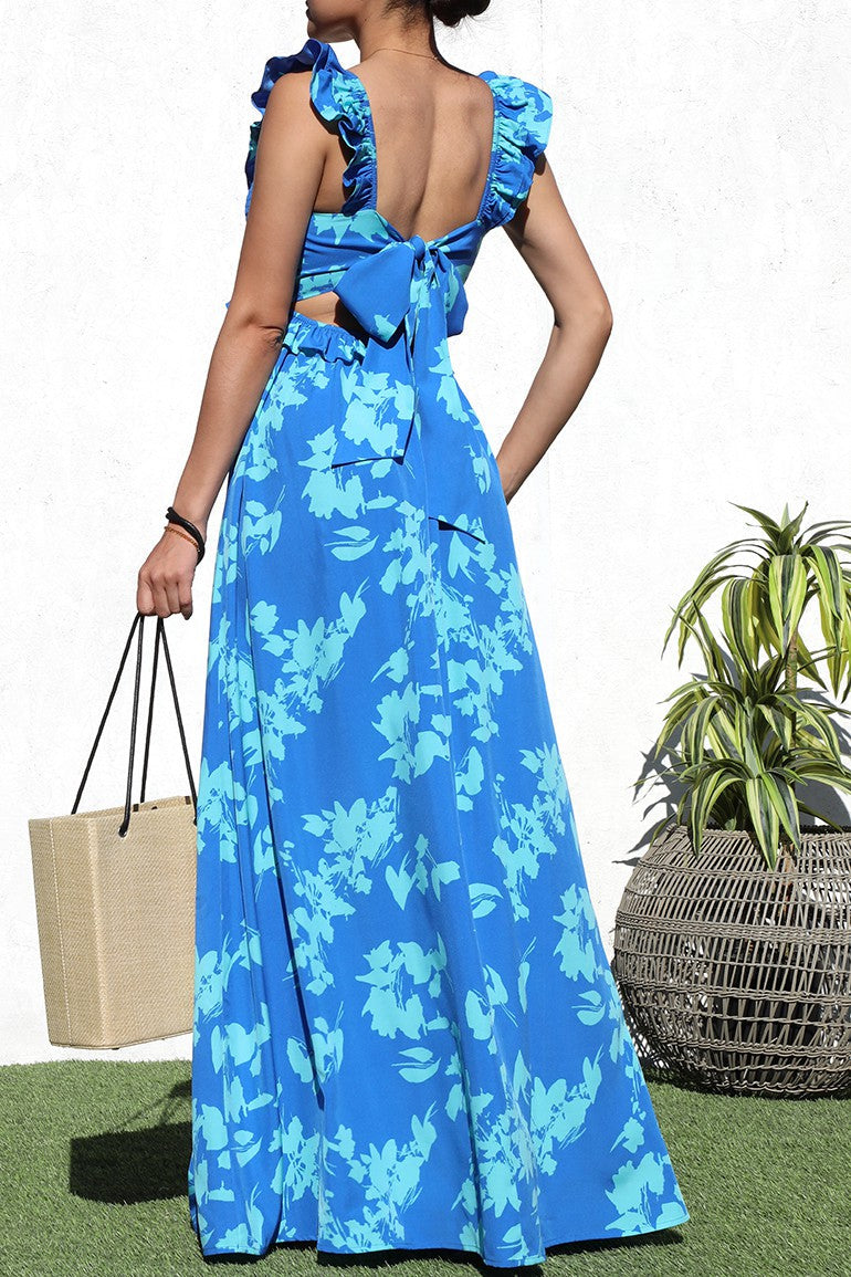 Maxi Vestido Azul Estampado Celeste Lazo Espalda