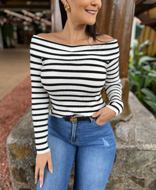 Blusa Rayas Off Shoulder Manga Larga