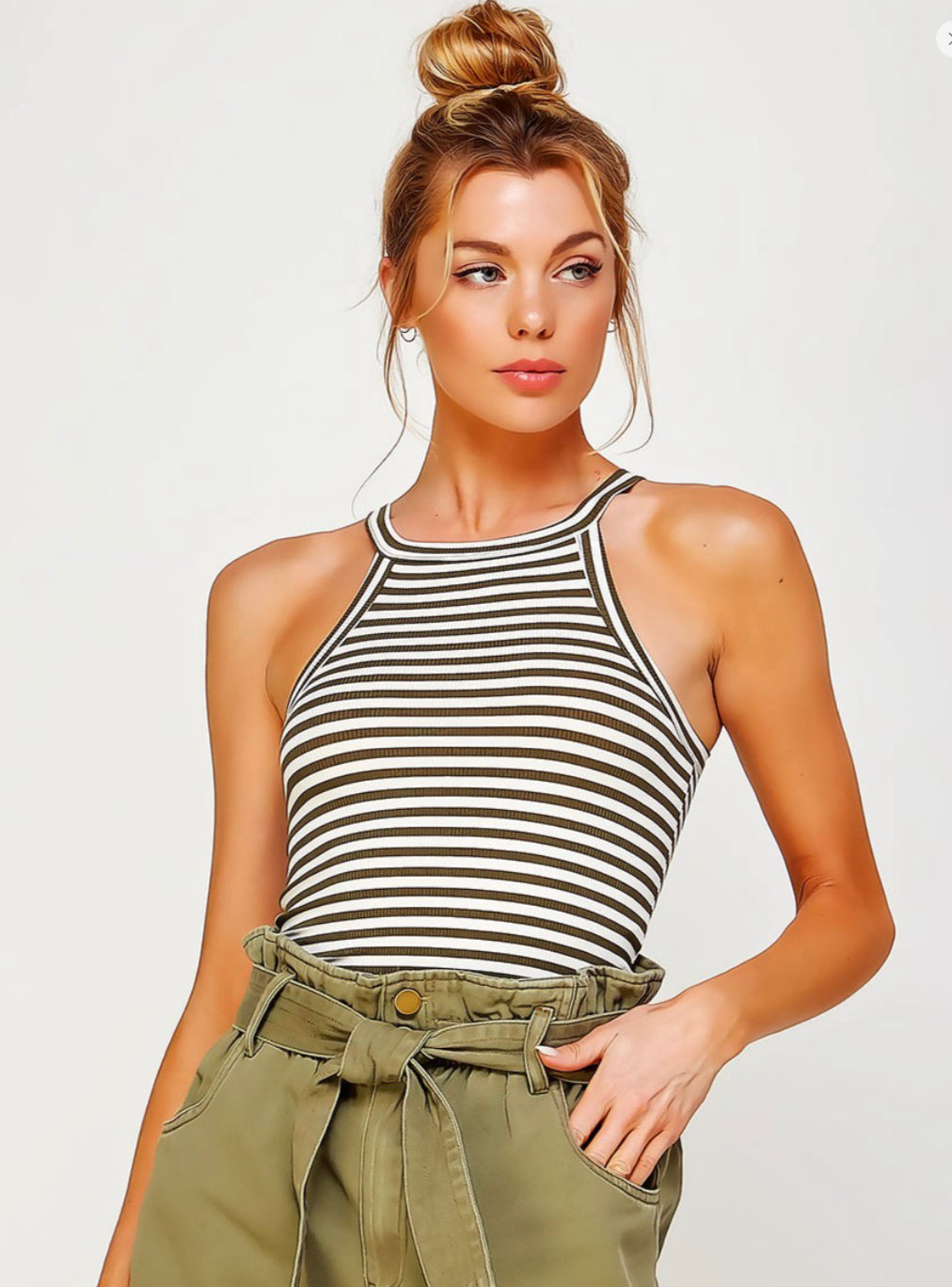 Crop Top Tirantes Rayas Negras y Beige