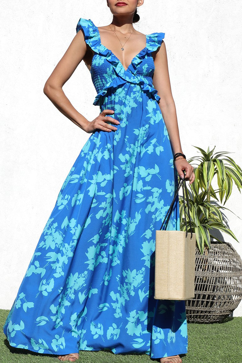 Maxi Vestido Azul Estampado Celeste Lazo Espalda