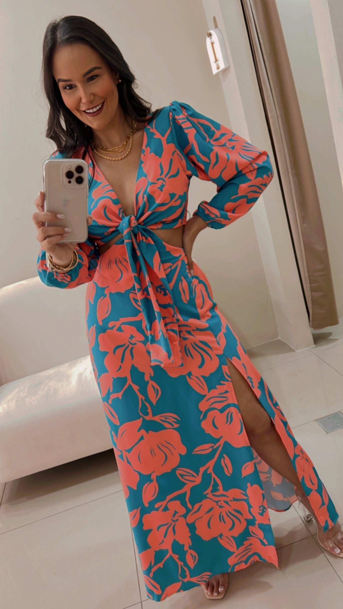 Conjunto Top Manga Larga Turquesa Estampado Naranja
