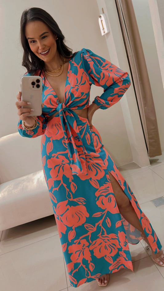Conjunto Top Manga Larga Turquesa Estampado Naranja