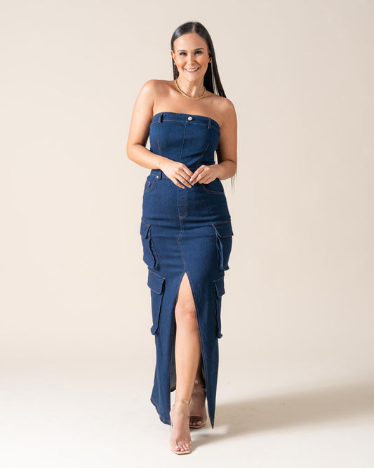 Vestido Mezclilla Largo Strapless