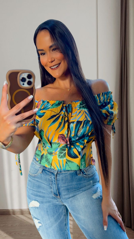 Blusa Estampada Hojas Off Shoulder