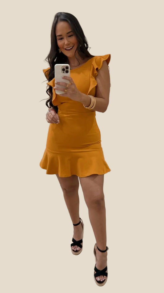 Vestido Mostaza Vuelos Descubierto Espalda