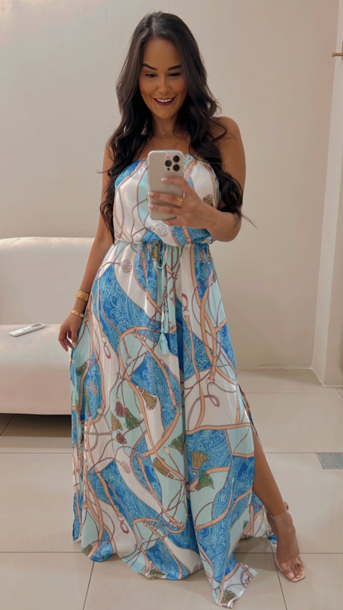 Vestido Blanco Strapless Estampado