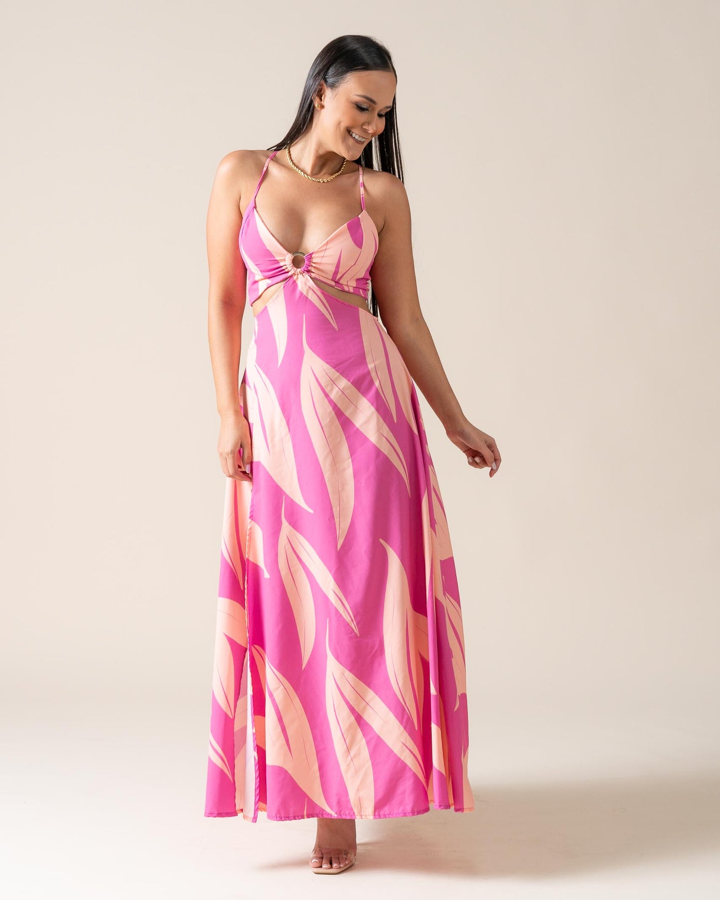 Maxivestido Fucsia Estampado Beige Tirantes