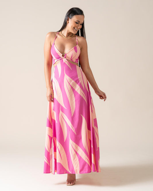 Maxivestido Fucsia Estampado Beige Tirantes