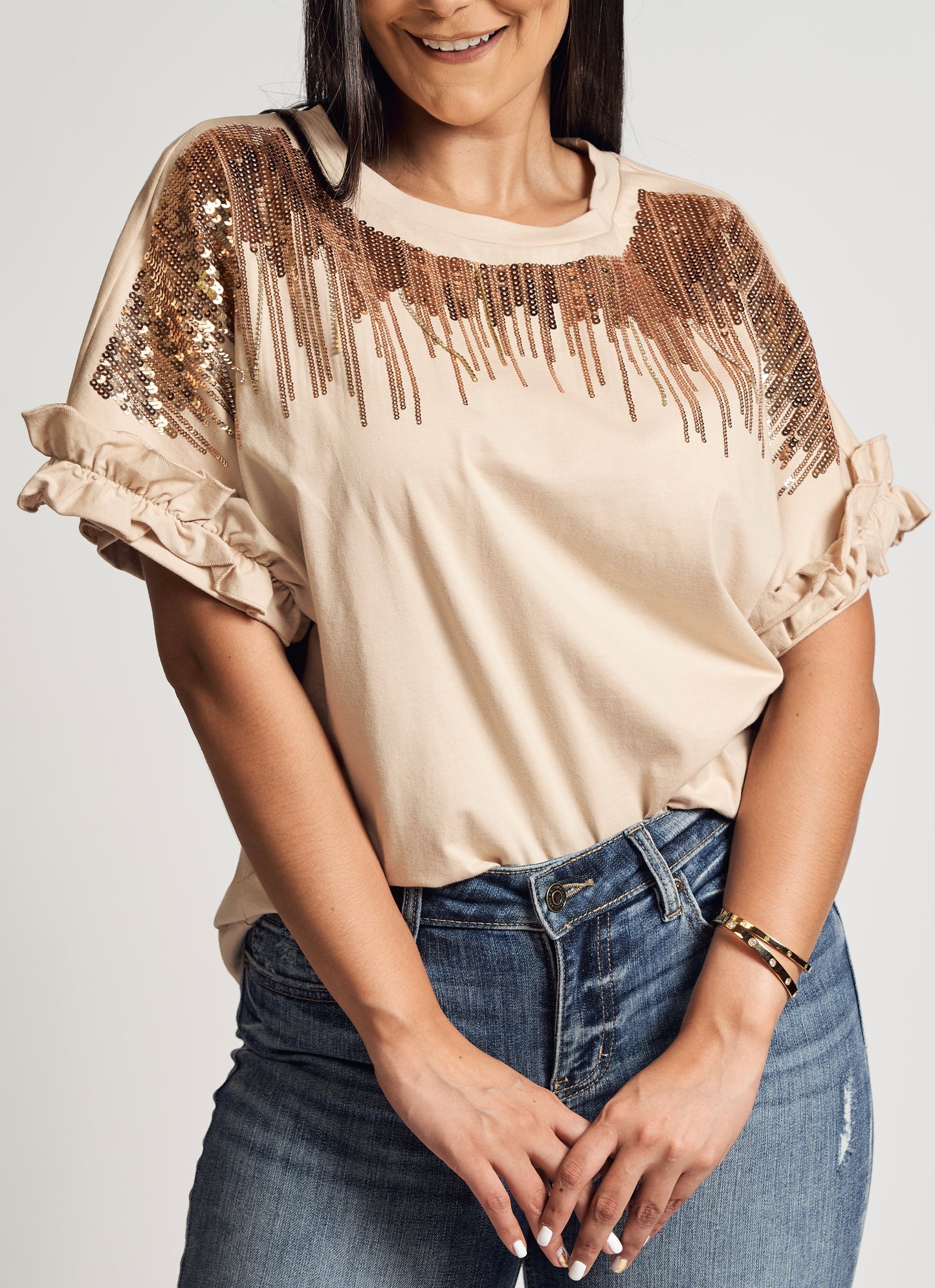 Blusa Beige Lentejuelas Frente