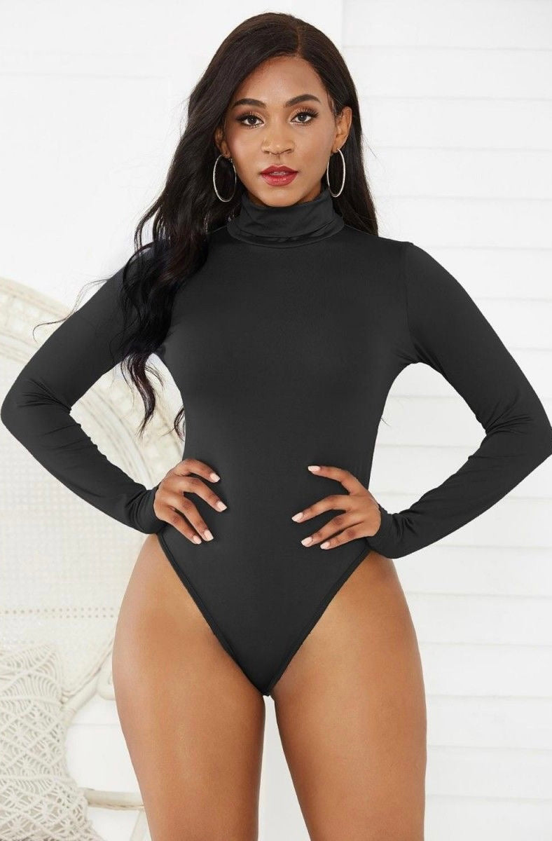 Bodysuit Negro Manga Larga Cuello Tortuga