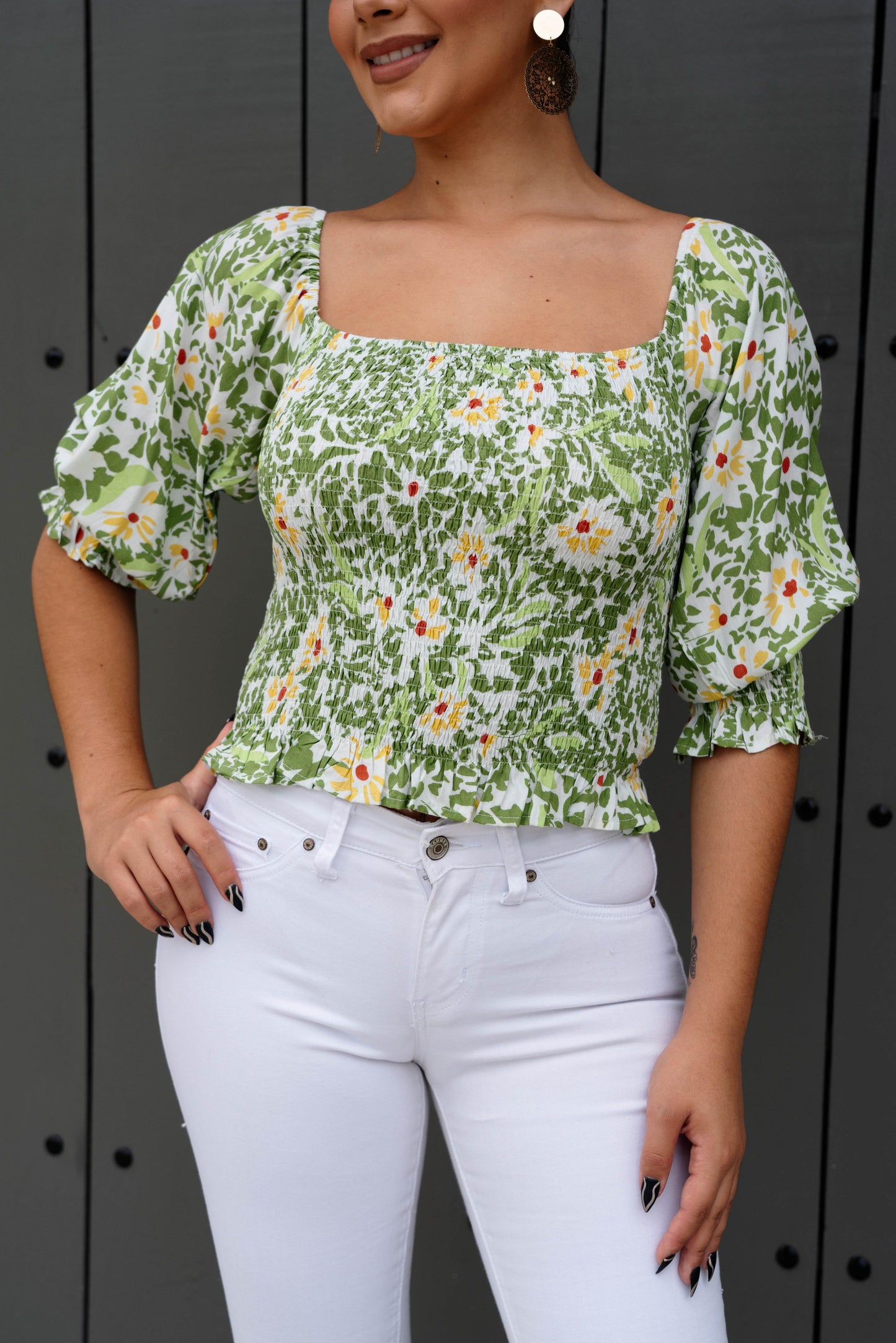 Blusa Verde Floreada Manga Larga