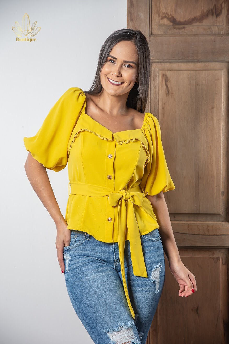 Blusa Mostaza Manga Bombacha