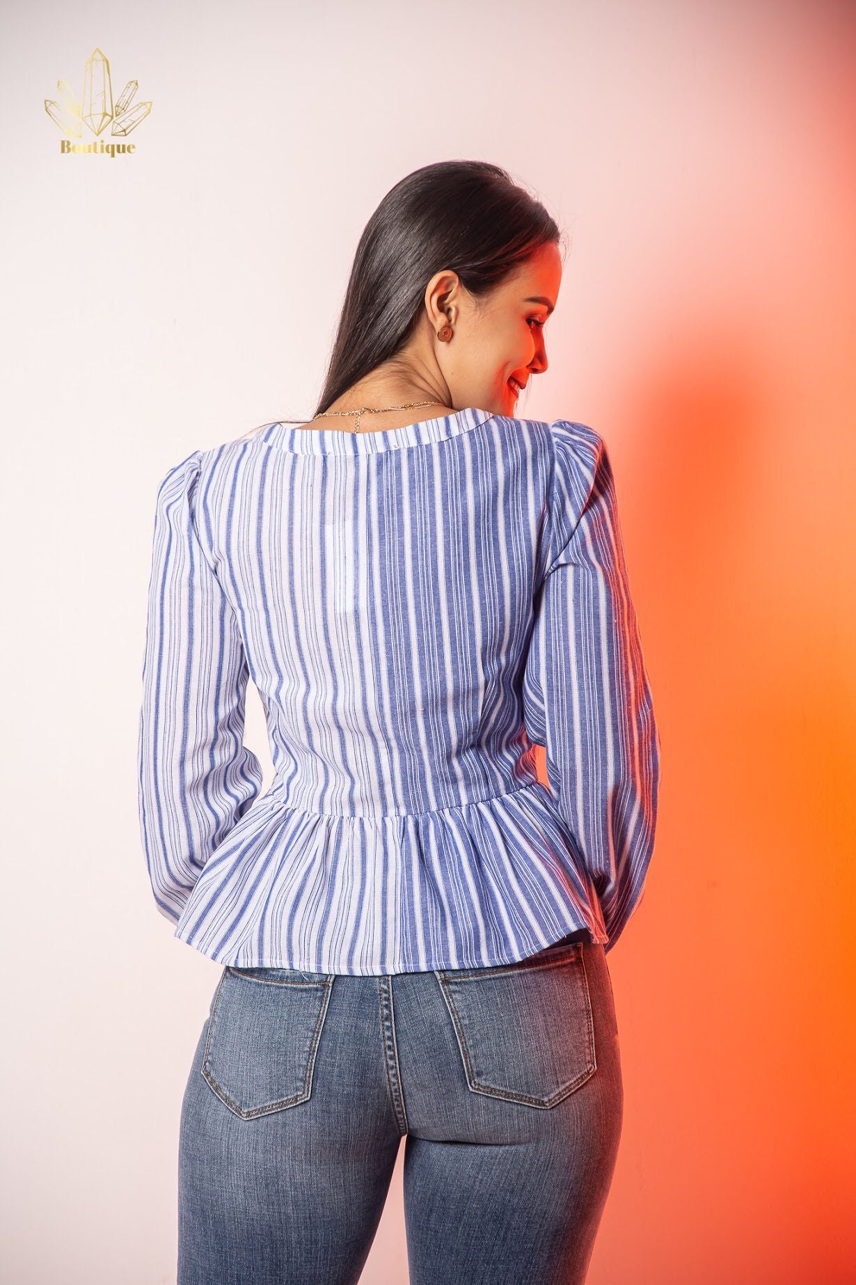 Blusa Celeste Rayas Manga Larga