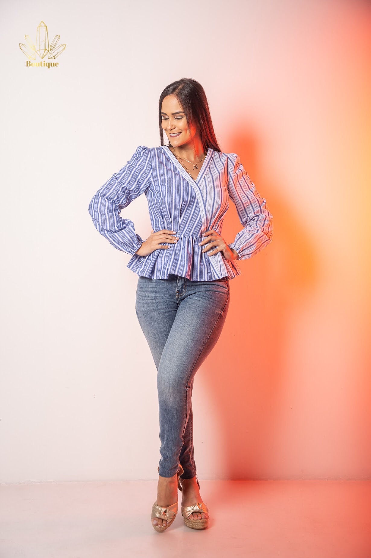 Blusa Celeste Rayas Manga Larga