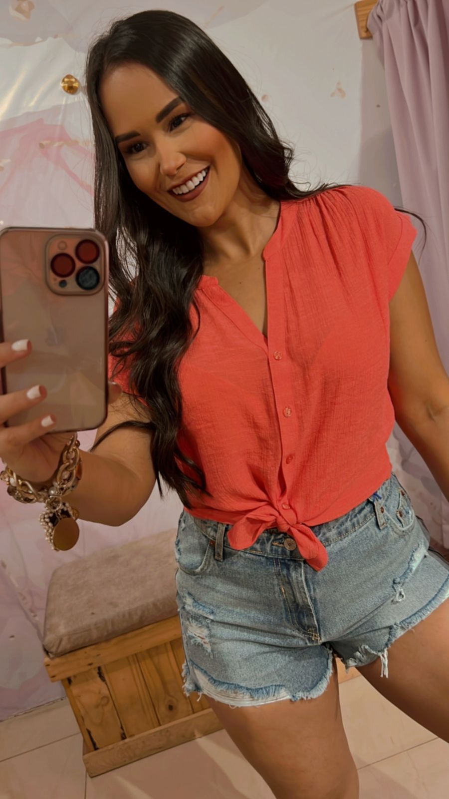 Blusa Salmon Sin Mangas Botones Frente