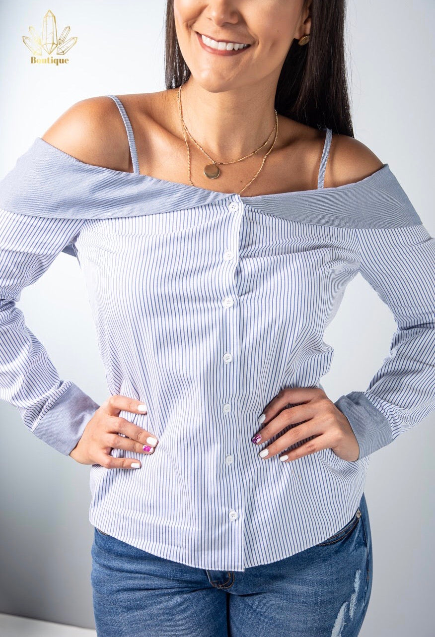 Blusa Blanca Tirantes Manga Larga Rayas