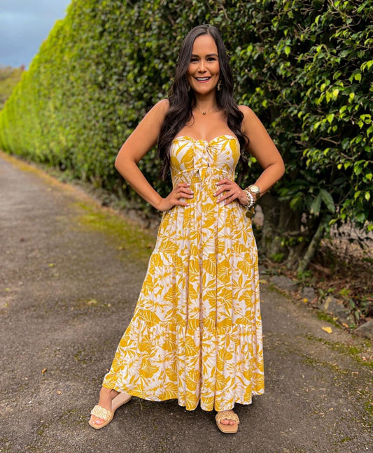 Vestido Beige Hojas Mostaza Strapless Largo