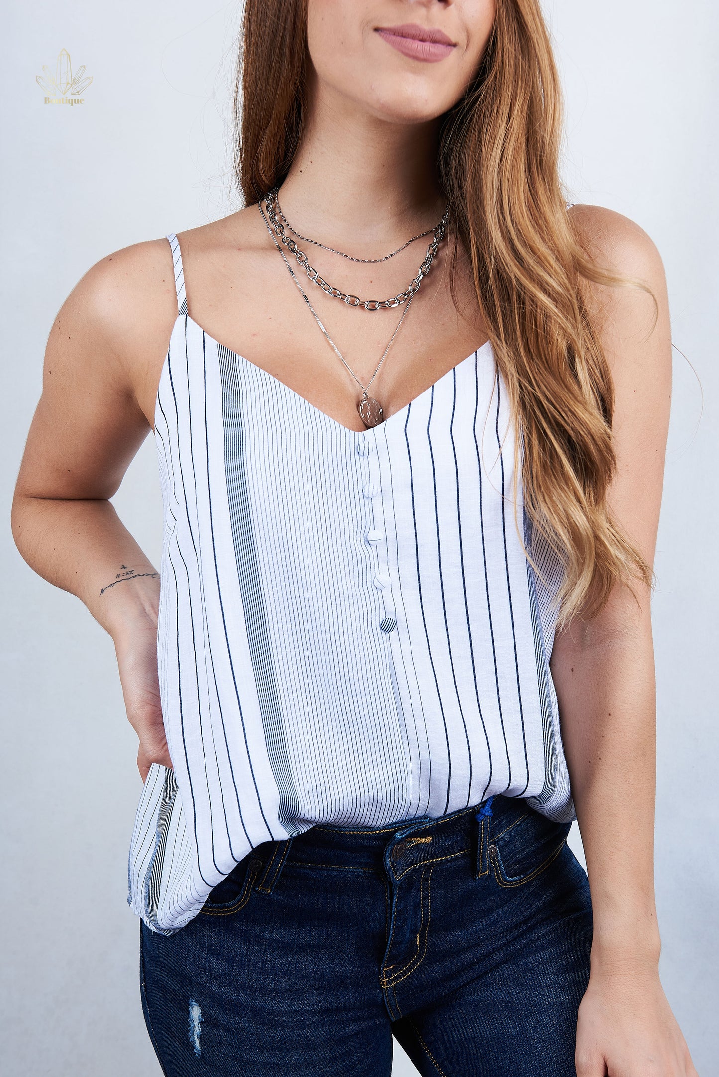 Blusa Blanca Rayas Celeste Tirantes