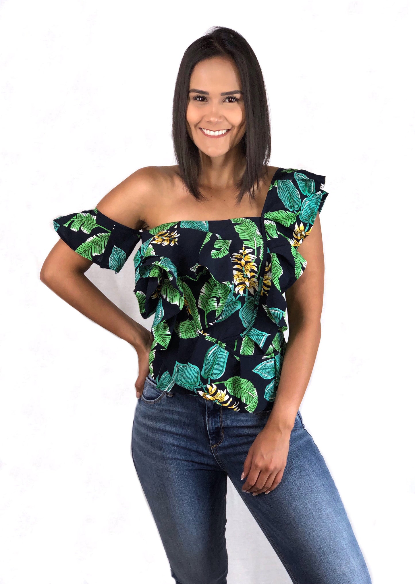Blusa Azul Hojas Verdes