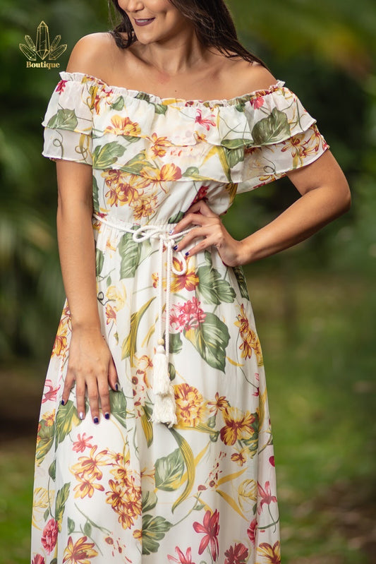 Vestido Beige Floreado Largo