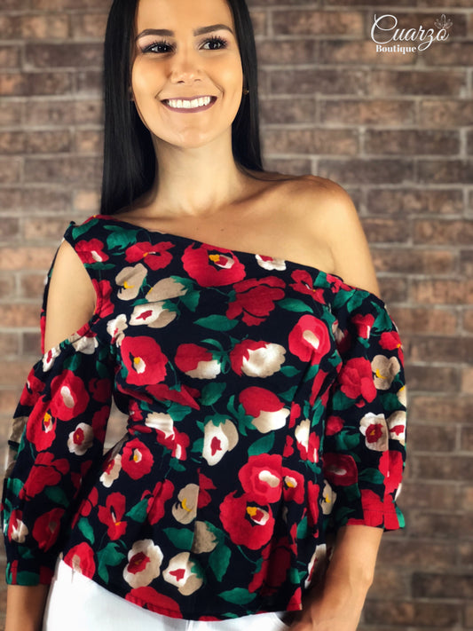 Blusa Azul Floreada Lazo Hombro