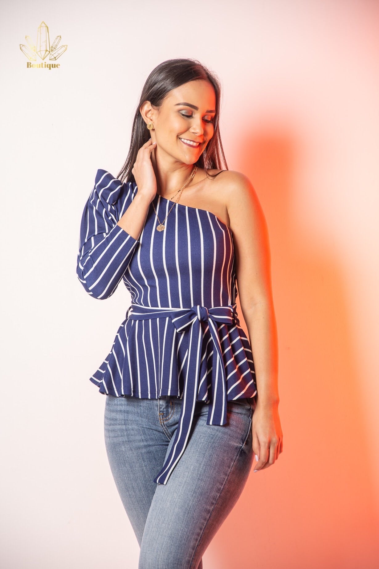 Blusa Azul Rayas Blancas Una Manga