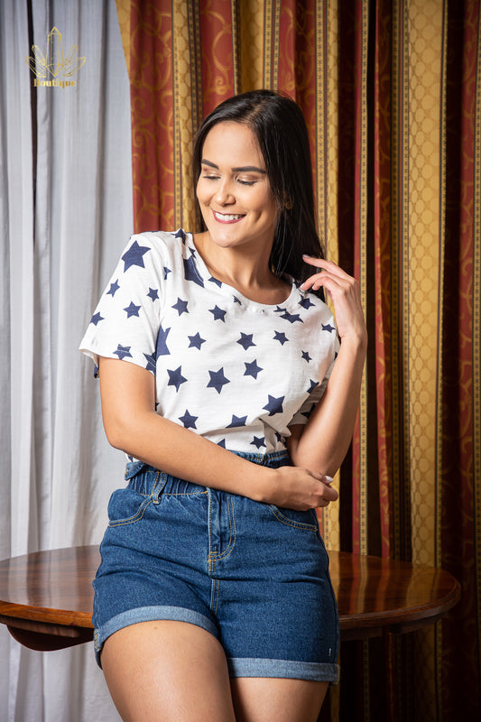Blusa Blanca Estrellas Azules Manga Corta