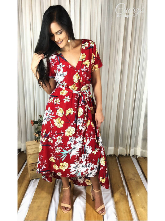 Vestido Rojo Largo Floreado