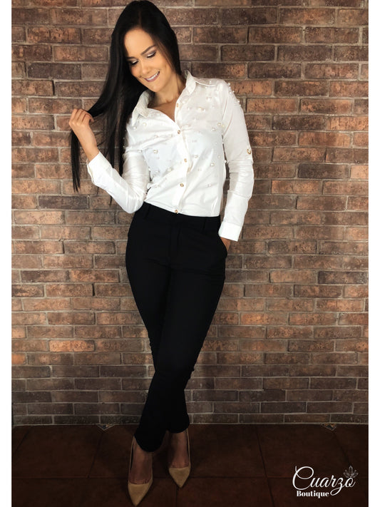 Blusa Blanca Manga Larga Perlas